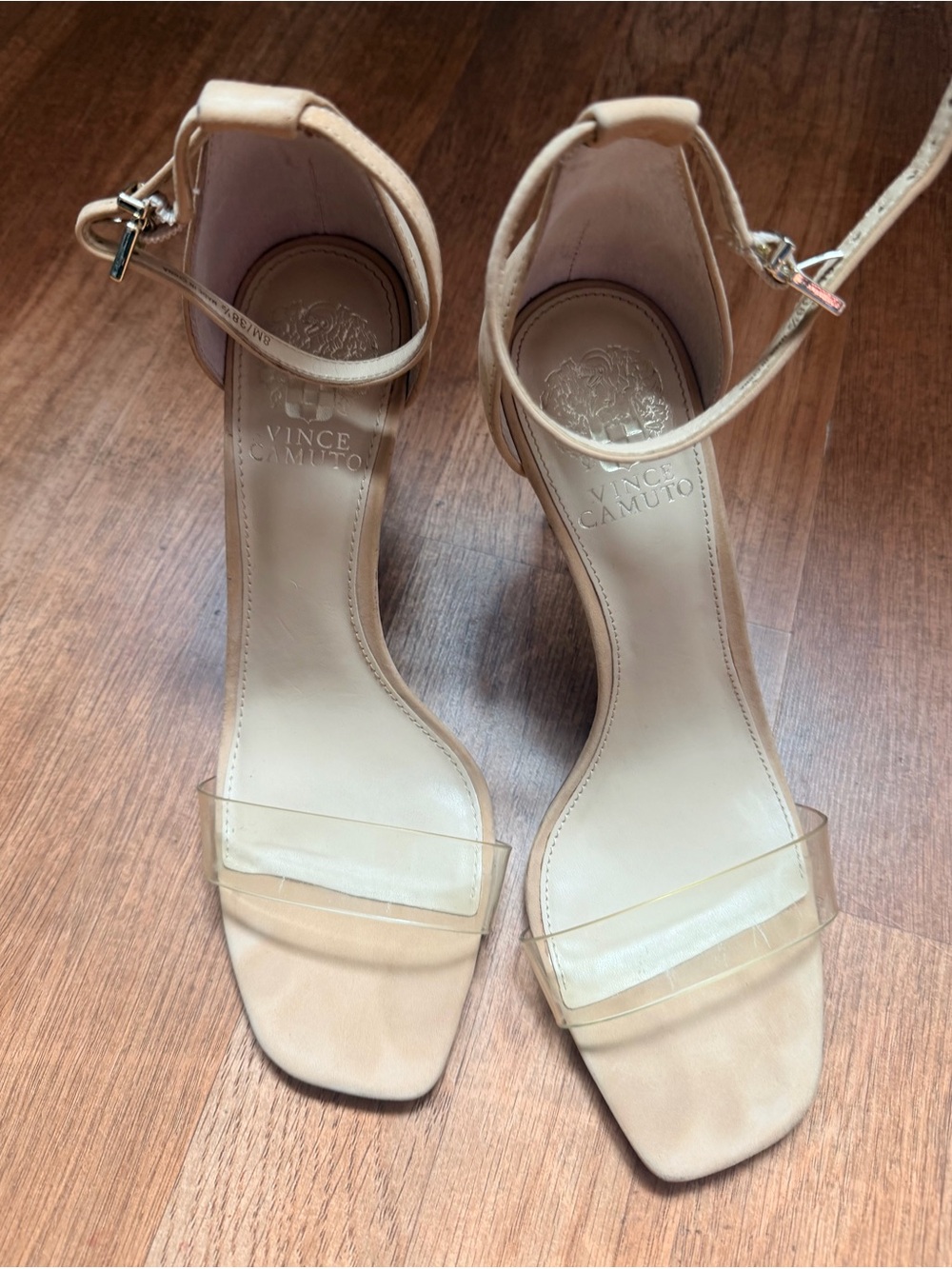 Vince Camuto Beige Ankle-Strap Heels with Clear Toe Band